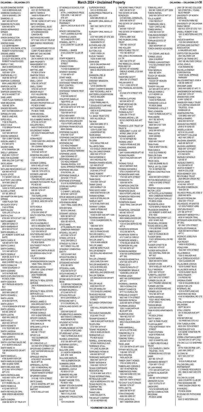 Unclaimed property list · synthetic page 36