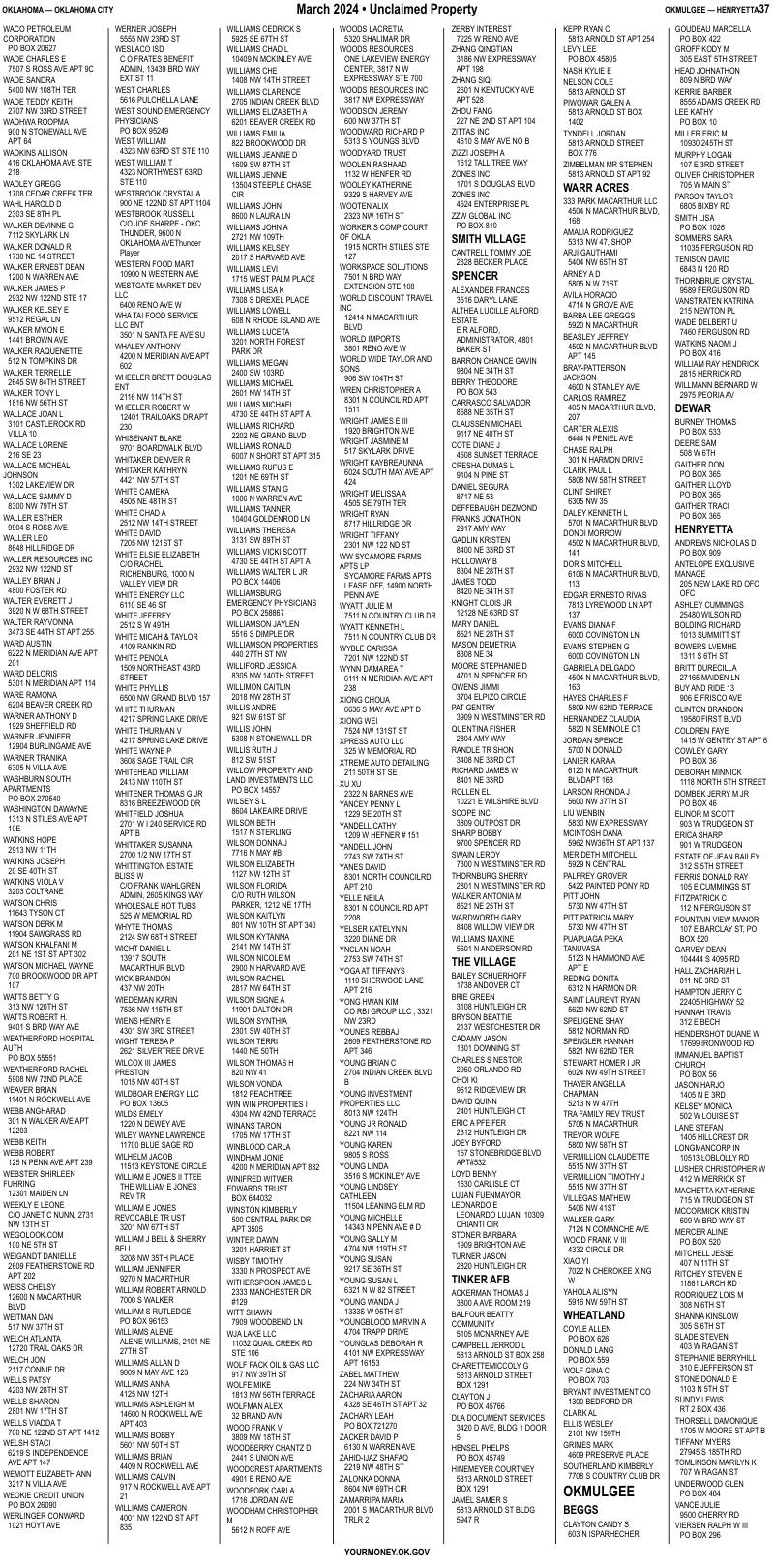 Unclaimed property list · synthetic page 37