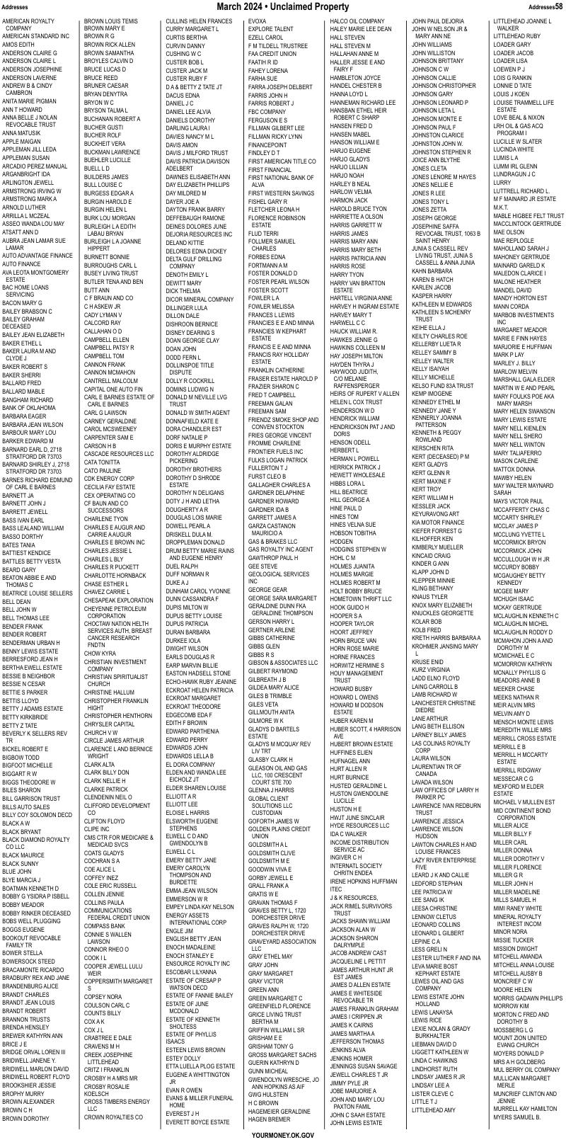 Unclaimed property list · synthetic page 58