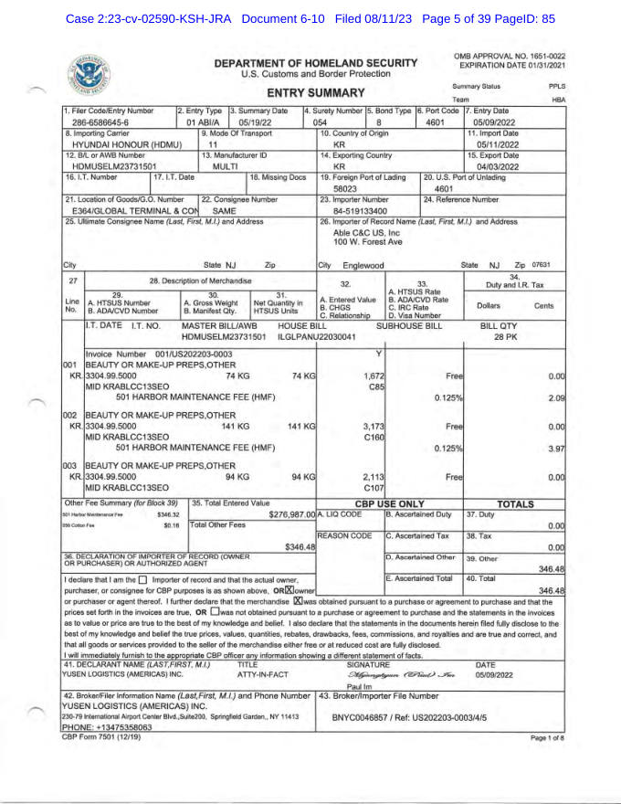 Customs entry summary page 1