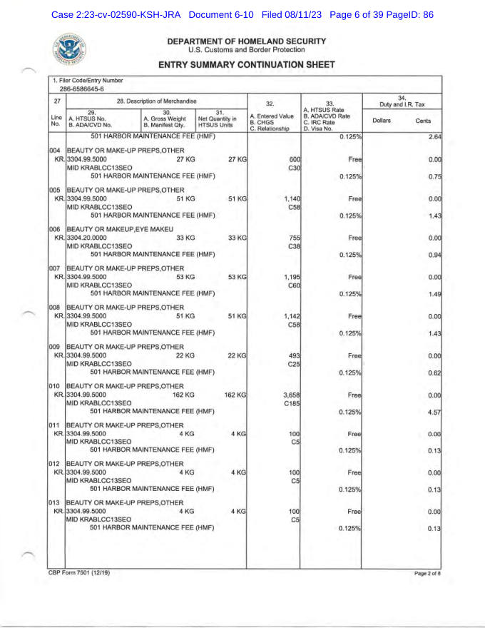 Customs entry summary page 2