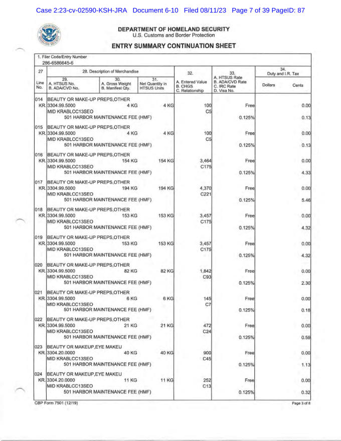 Customs entry summary page 3
