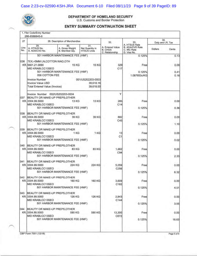 Customs entry summary page 5