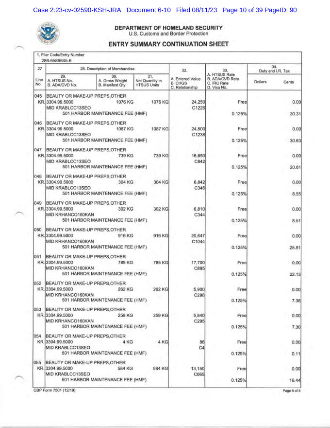 Customs entry summary page 6