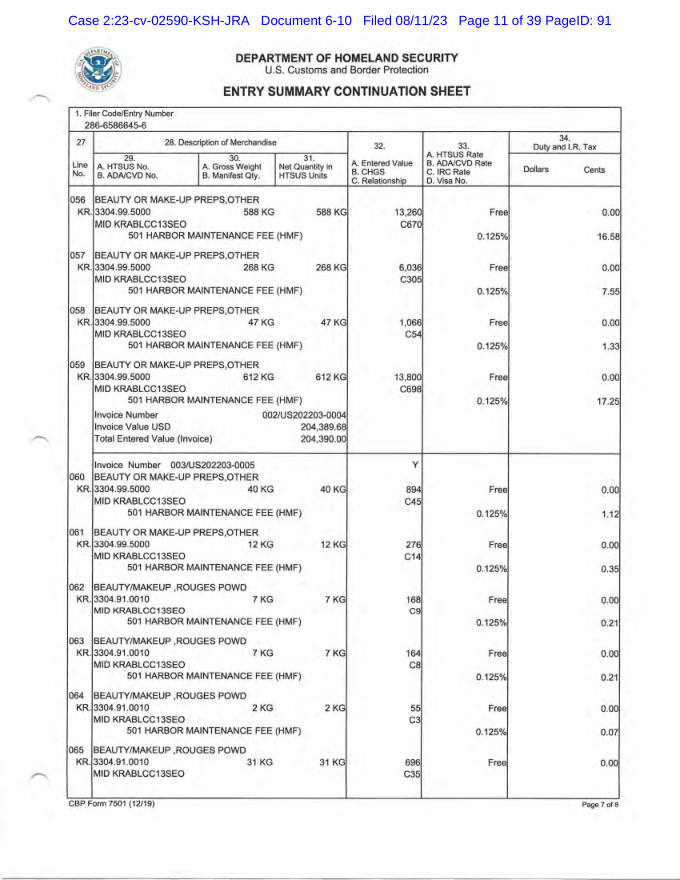 Customs entry summary page 7