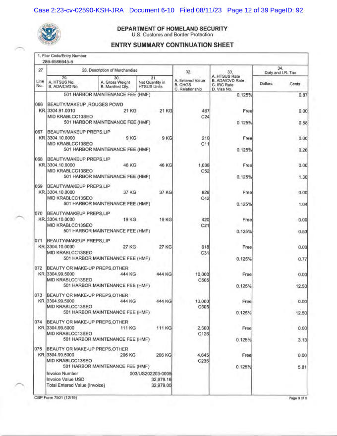 Customs entry summary page 8