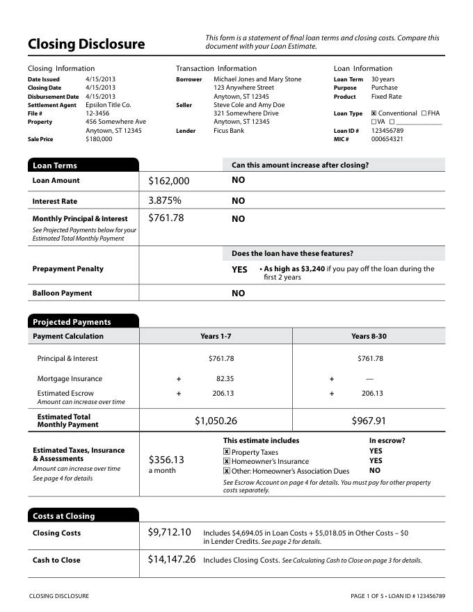 Mortgage closing disclosure page 1